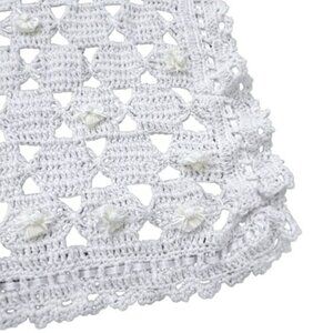 WHITE Crochet Knit Throw Blanket Afghan Gift Ribbon Florals 38 x 39" Cottagecore